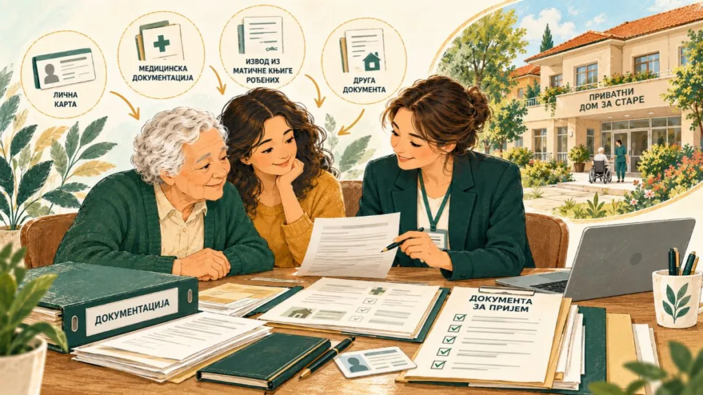 Ilustracija dokumentacije za prijem u državni dom za stare sa starijom osobom, članom porodice, službenikom i kontrolnom listom potrebnih dokumenata