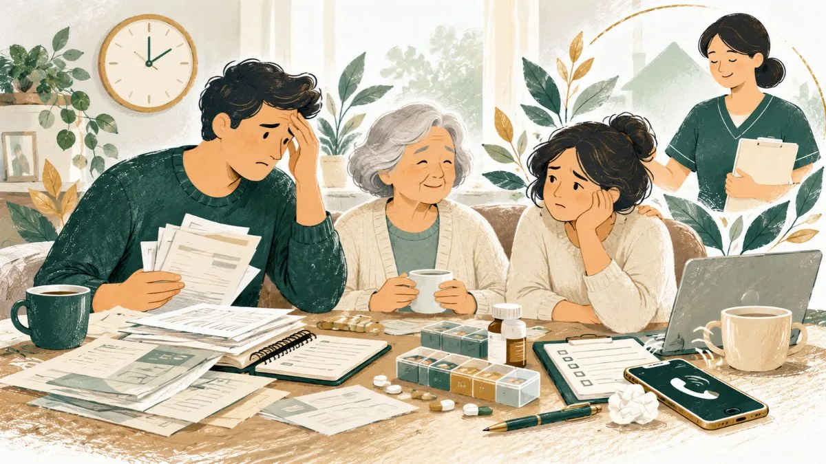Ilustracija porodice iscrpljene brigom o starijoj osobi uz podršku negovatelja i organizovanje dodatne pomoći