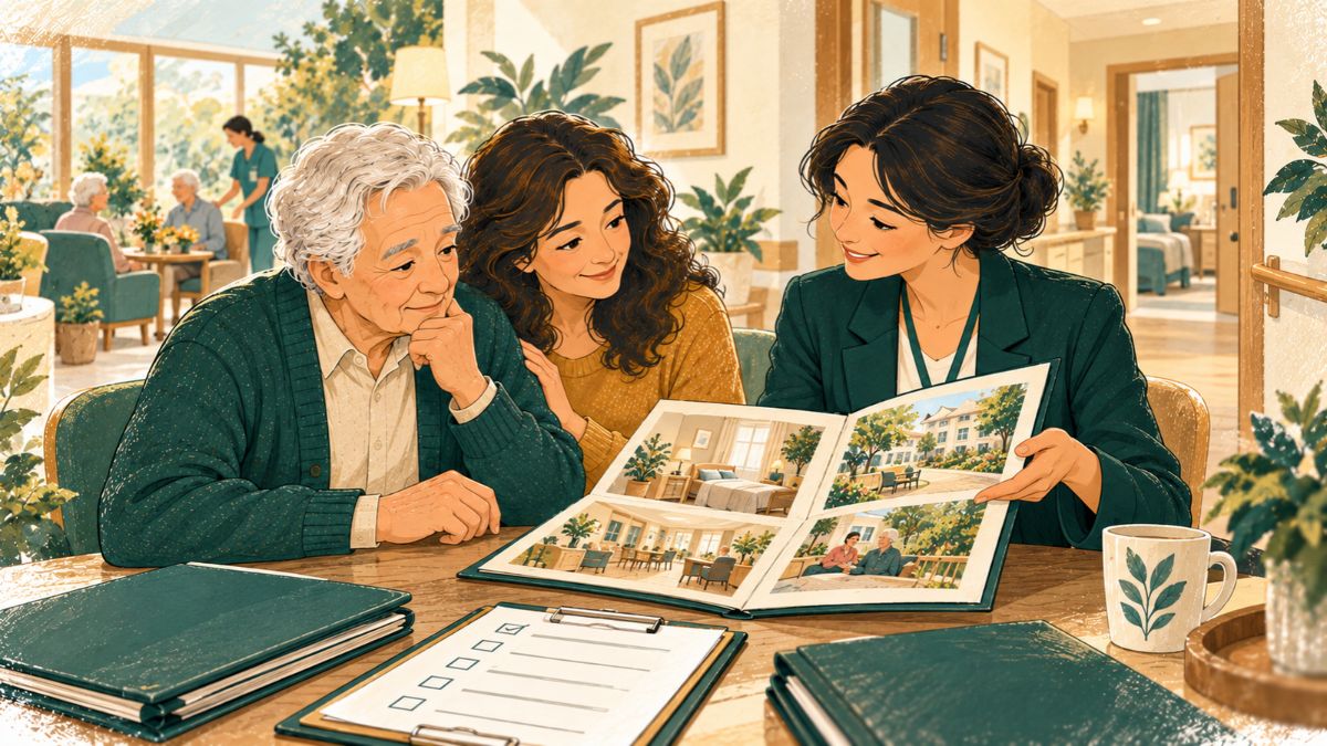 Ilustracija izbora doma za osobu sa demencijom uz stariju osobu, člana porodice, razgovor sa osobljem i proveru uslova smeštaja