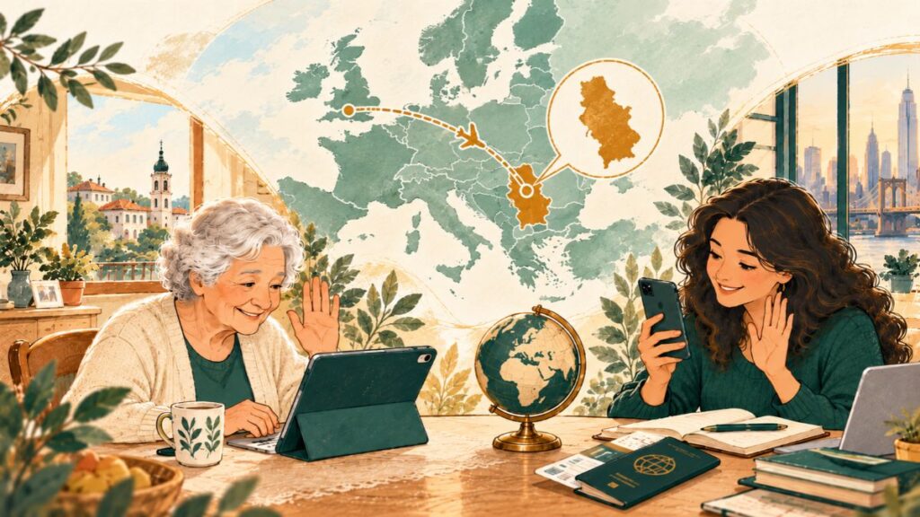 Ilustracija starije žene u Srbiji i člana porodice u inostranstvu koji razgovaraju putem video poziva, uz mapu Evrope i istaknutu Srbiju kao simbol organizovanja brige na daljinu.
