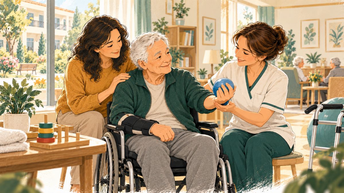 Ilustracija starije osobe nakon moždanog udara tokom rehabilitacije u domu za stare uz podršku fizioterapeuta i člana porodice