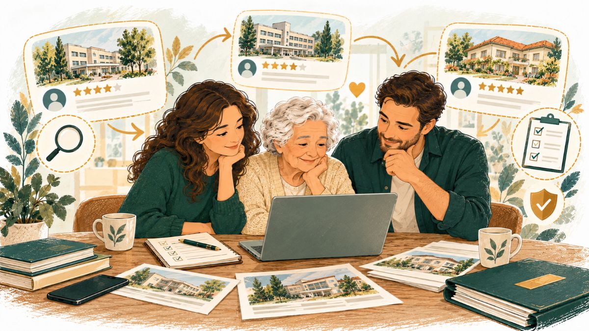 Ilustracija porodice koja poredi recenzije domova za stare i proverava ocene, iskustva drugih i dodatne informacije pre izbora doma